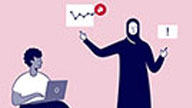 Ilustration eines Beratungsgesprächs zwischen einem Mann mit Laptop und einer Frau mit Diagrammen Ilustration eines Beratungsgesprächs zwischen einem Mann mit Laptop und einer Frau mit Diagrammen