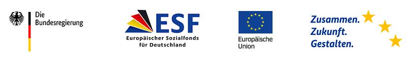 Abbnildung der Förderlogos ESF 2014-2020: ESF-Logo, EU-Logo und ESF-Claim