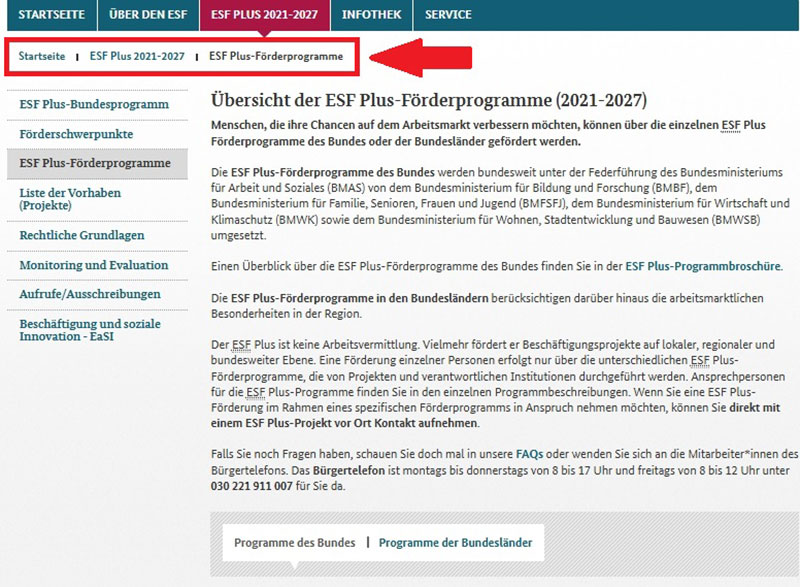 Screenshot derv Seite ESF Plus Förderprogramme